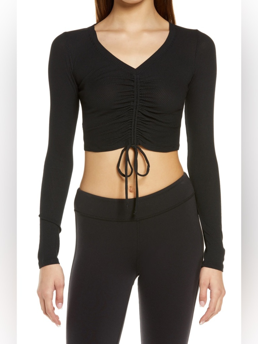 Alo Ribbed Cinch Long Sleeve Crop Top In Black Size Medium